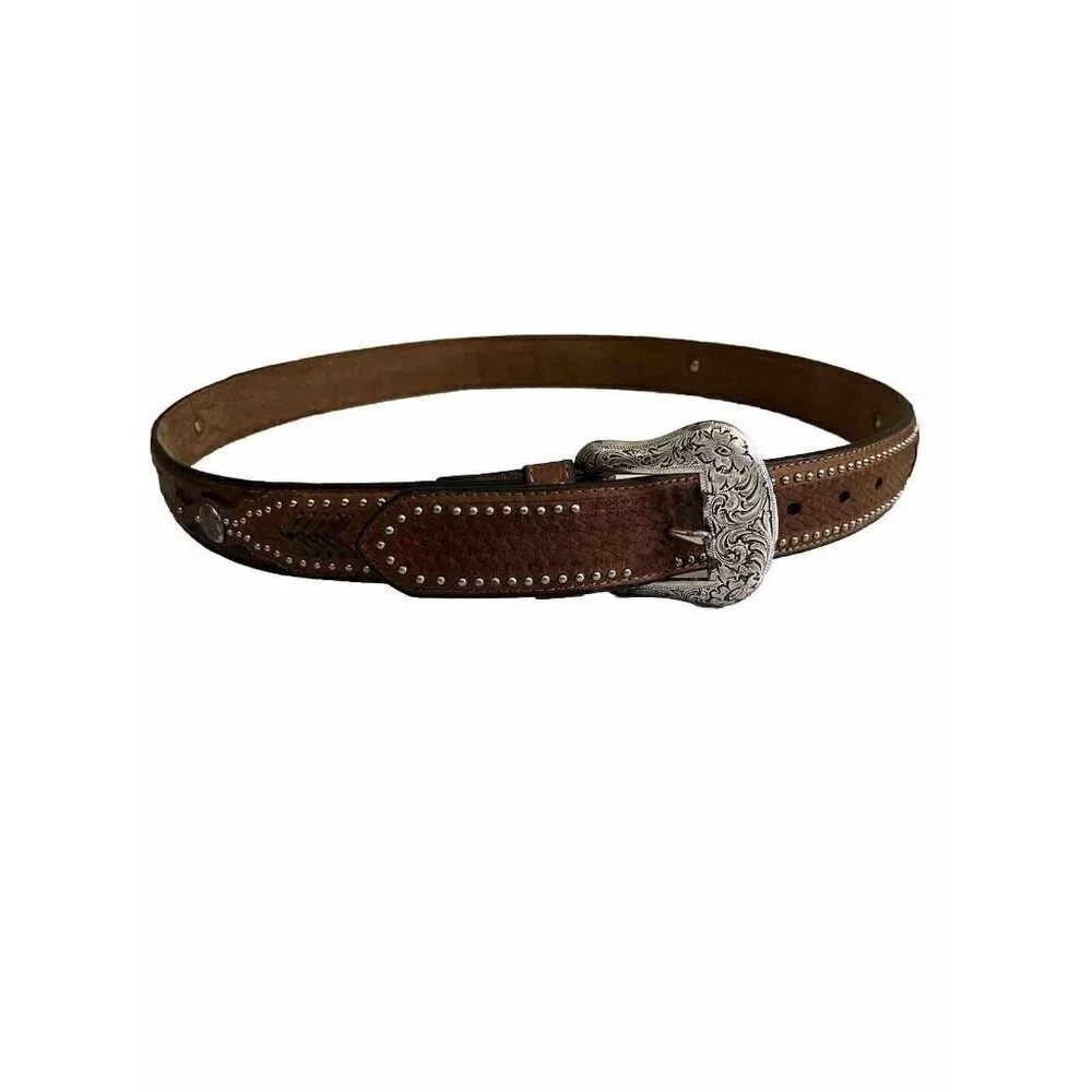 Nocona Belt Western Brown Leather Men Size 40 Embellished Basket Weave